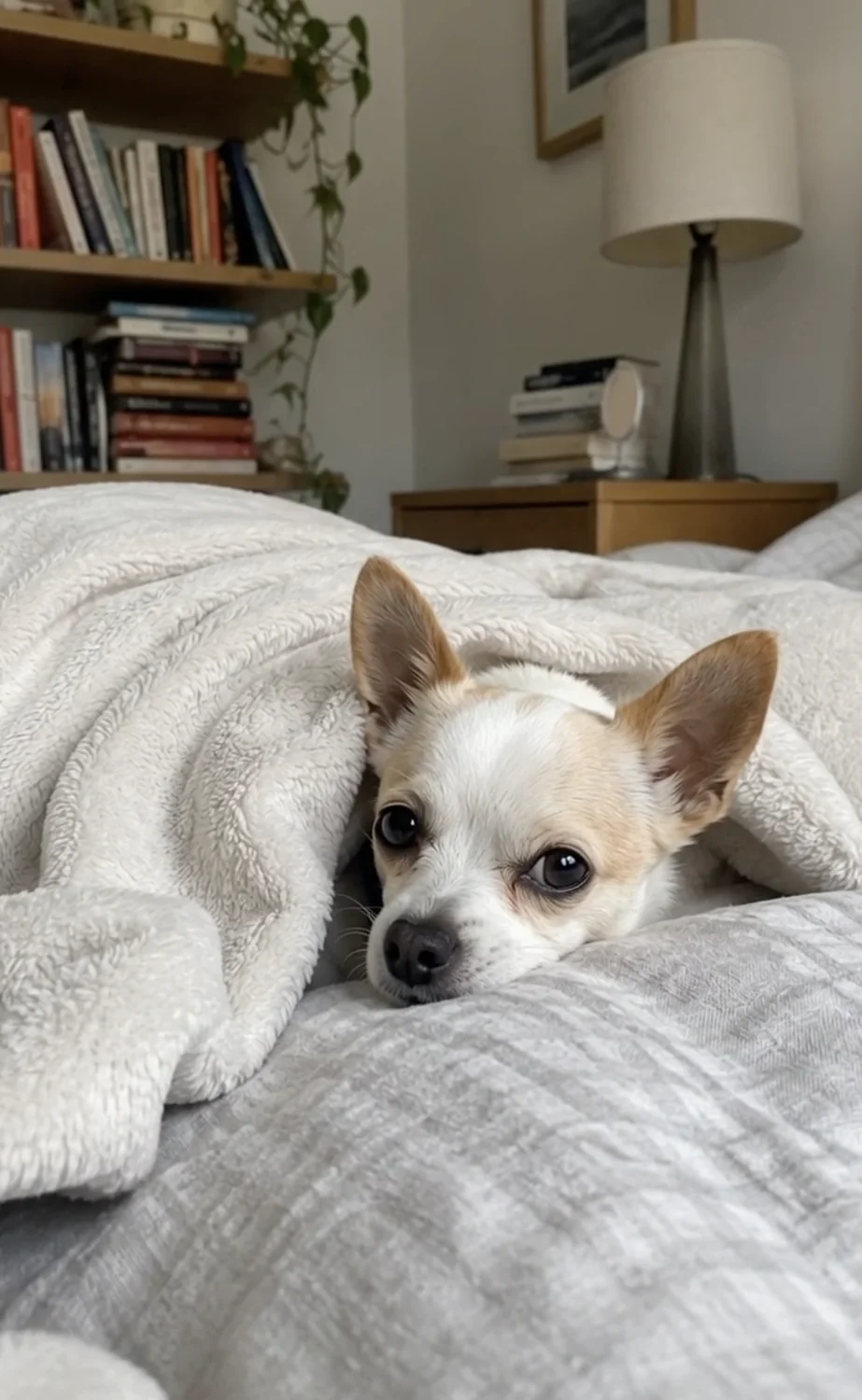 The same dog lying on a pale blanket on a bed in a living room.